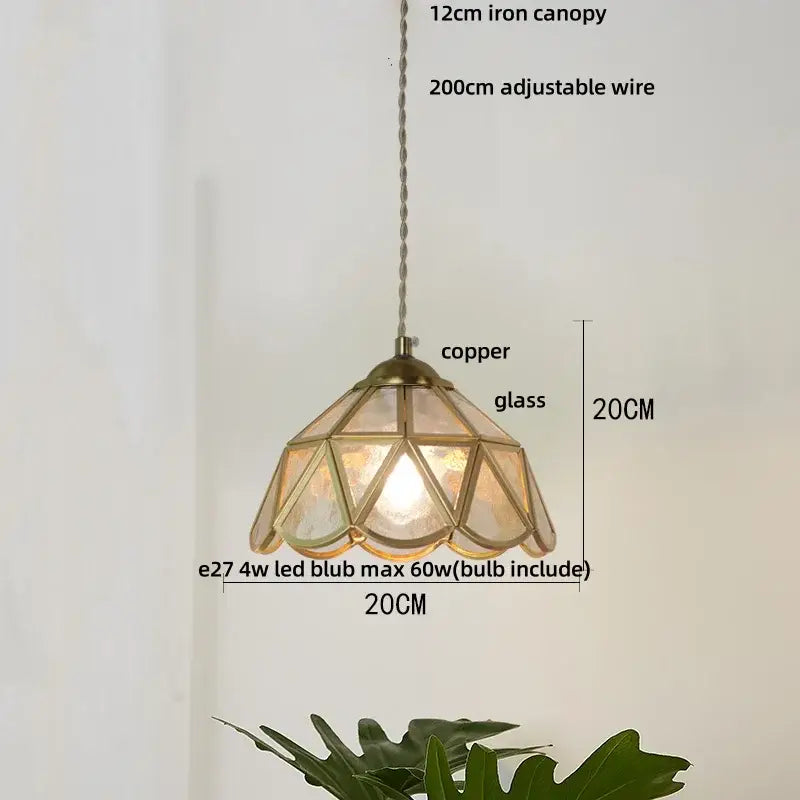 Vintage green glass pendant light for dining room with wood beads