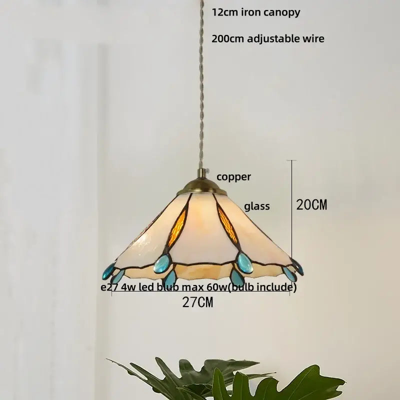 Vintage green glass pendant light for dining room with wood beads
