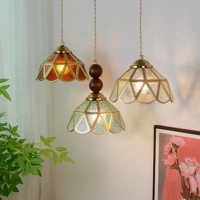 Vintage green glass pendant light for dining room with wood beads