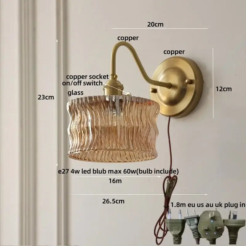 Vintage green glass wall light bedroom copper knob switch