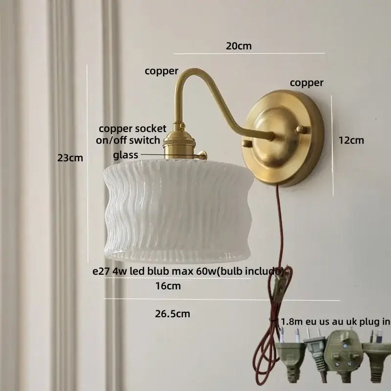 Vintage green glass wall light bedroom copper knob switch