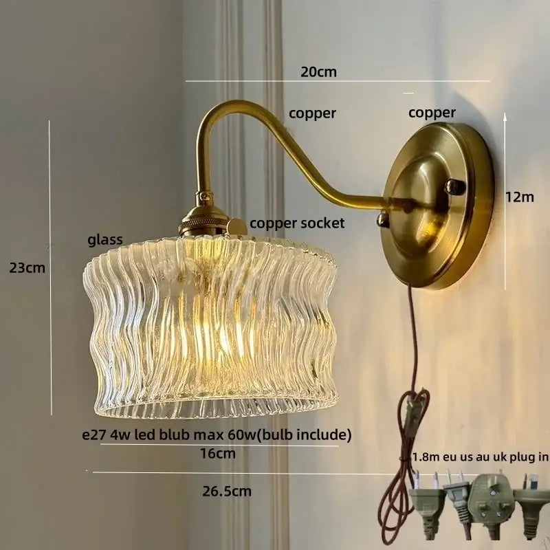 Vintage green glass wall light bedroom copper knob switch