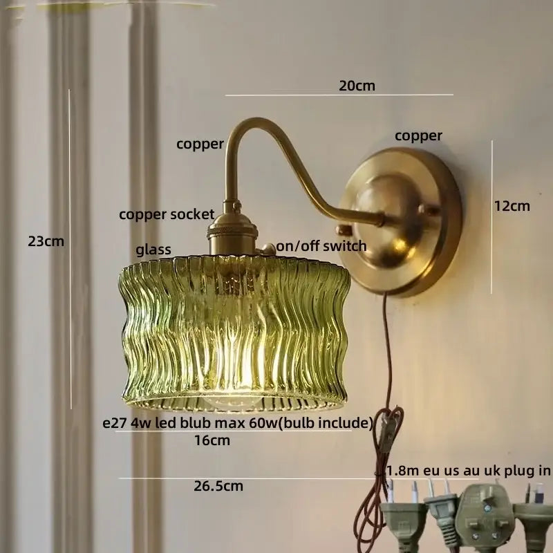 Vintage green glass wall light bedroom copper knob switch