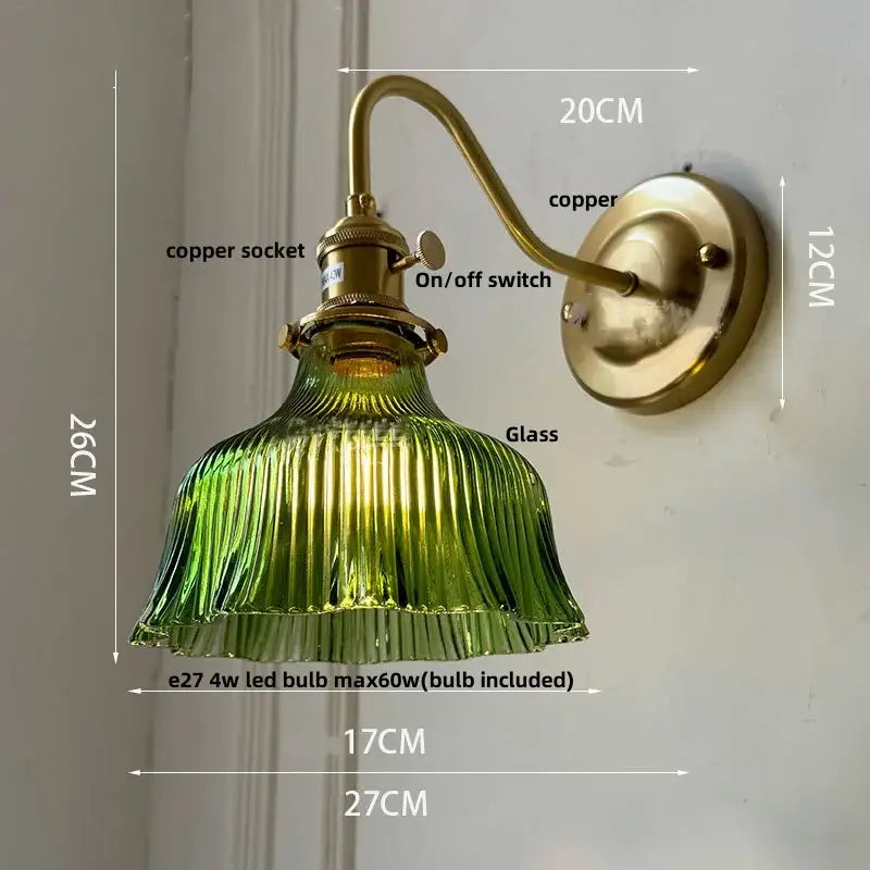 Vintage green glass wall light bedroom copper knob switch