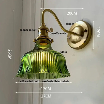 Vintage green glass wall light bedroom copper knob switch