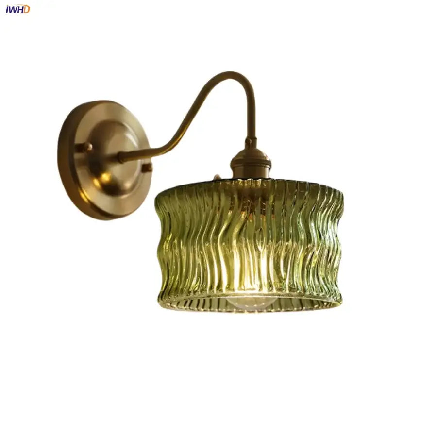 Vintage green glass wall light bedroom copper knob switch