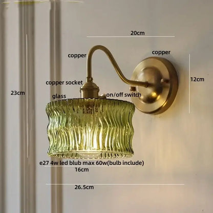 Vintage green glass wall light bedroom copper knob switch