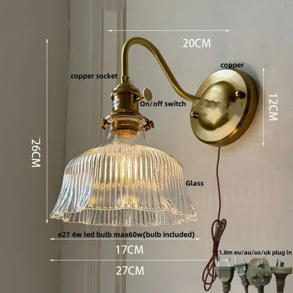 Vintage green glass wall light bedroom copper knob switch