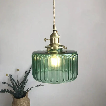 Vintage green ribbed glass brass pumpkin led pendant light bedroom