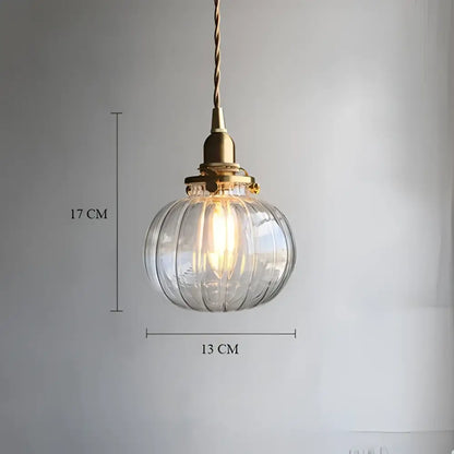 Vintage green ribbed glass brass pumpkin led pendant light bedroom