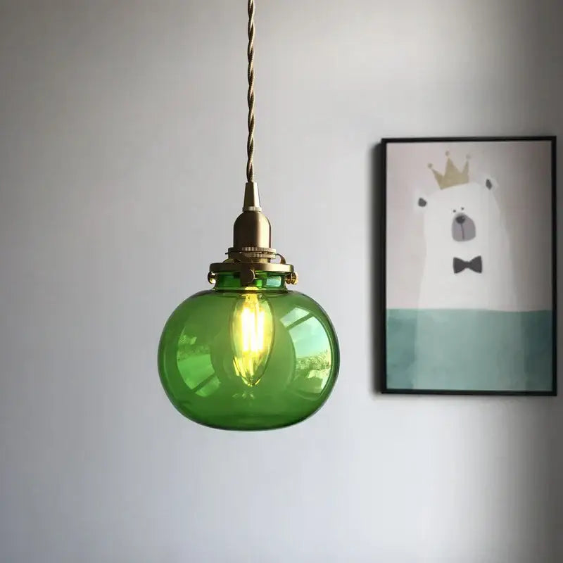 Vintage green ribbed glass brass pumpkin led pendant light bedroom
