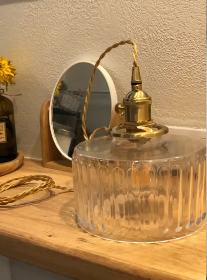 Vintage green ribbed glass brass pumpkin led pendant light bedroom