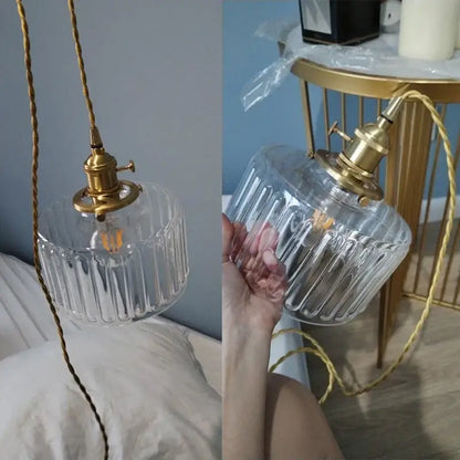 Vintage green ribbed glass brass pumpkin led pendant light bedroom