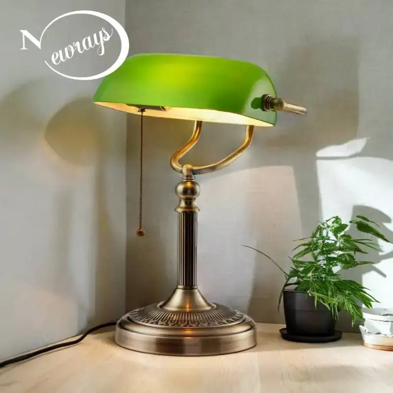 Vintage green & white glass bankers desk lamp for bedroom