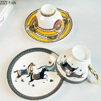 Vintage horse illustration white gold mug cup saucer dining room set