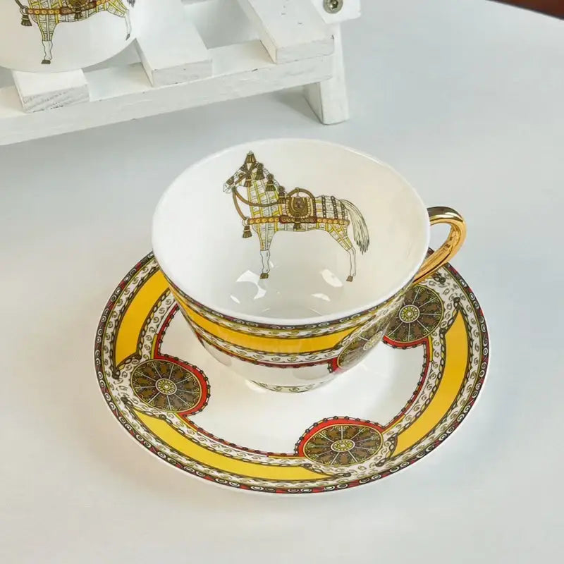 Vintage horse illustration white gold mug cup saucer dining room set
