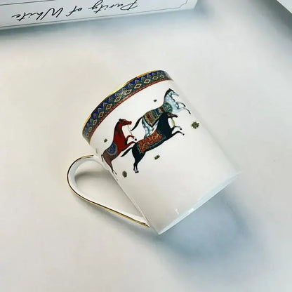 Vintage horse illustration white gold mug cup saucer dining room set