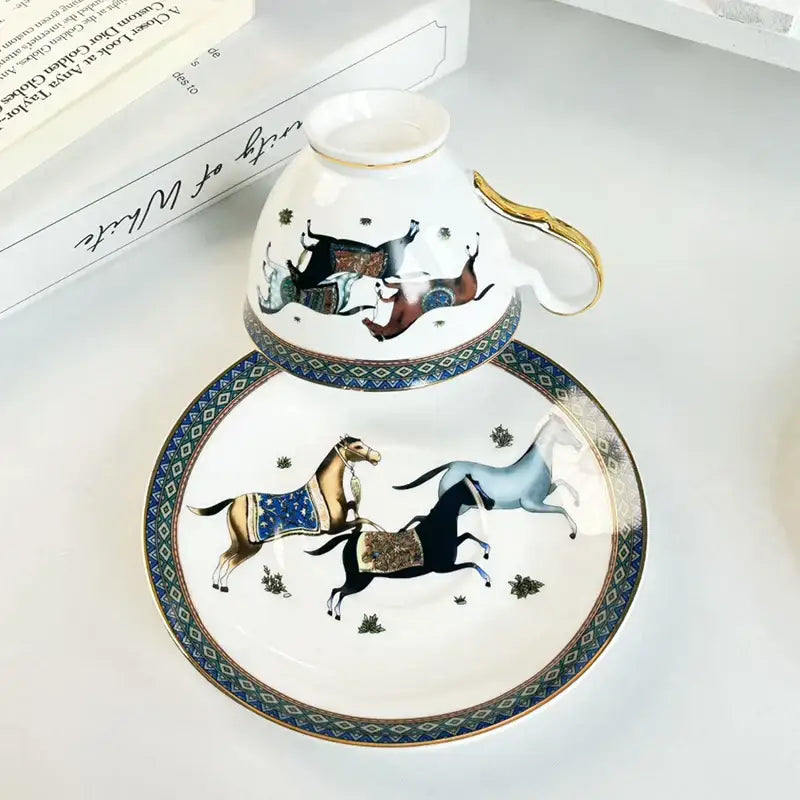 Vintage horse illustration white gold mug cup saucer dining room set
