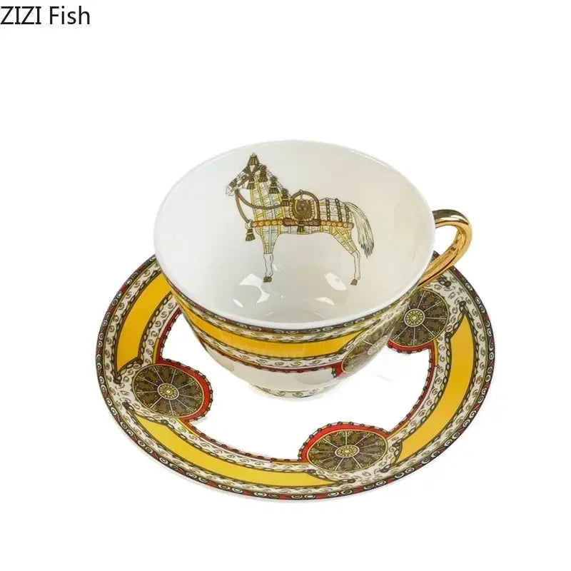 Vintage horse illustration white gold mug cup saucer dining room set
