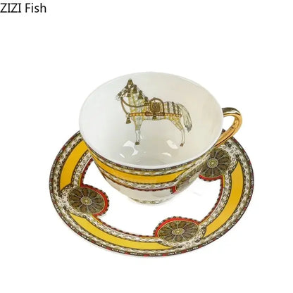 Vintage horse illustration white gold mug cup saucer dining room set