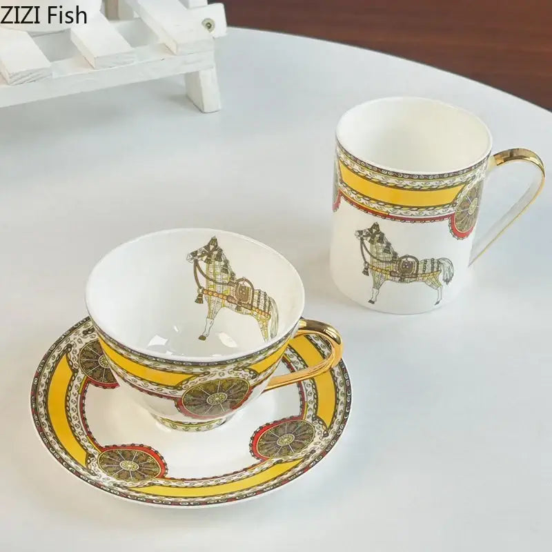 Vintage horse illustration white gold mug cup saucer dining room set