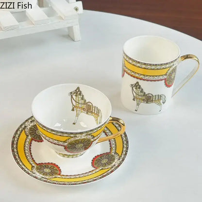 Vintage horse illustration white gold mug cup saucer dining room set