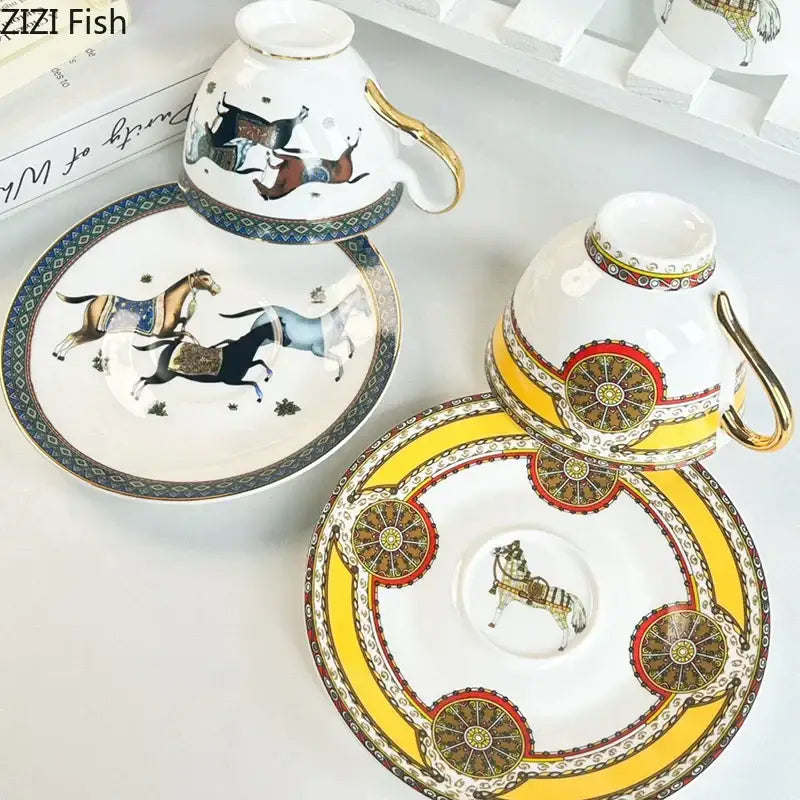 Vintage horse illustration white gold mug cup saucer dining room set