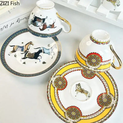 Vintage horse illustration white gold mug cup saucer dining room set