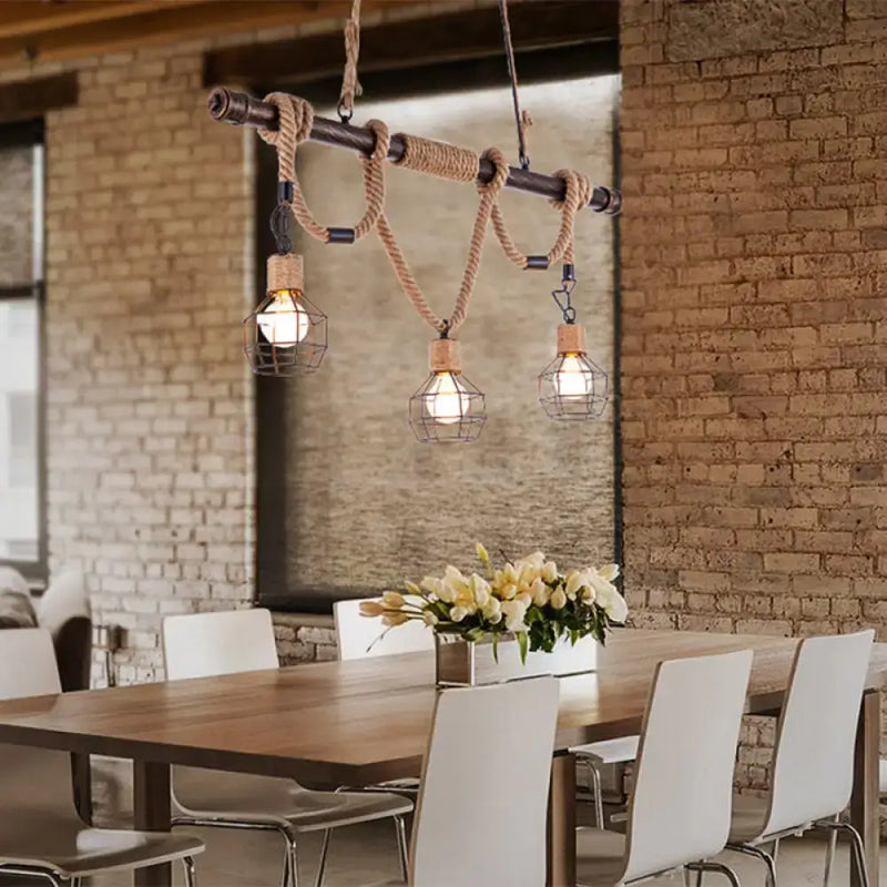 Vintage industrial beige rope island lighting dining room hanging light
