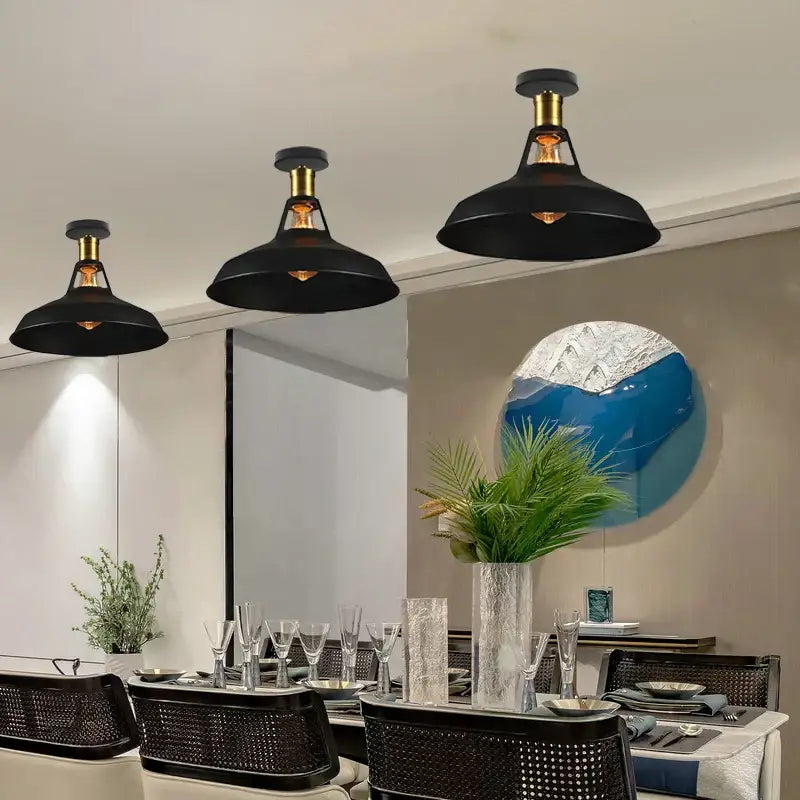 Vintage industrial flush mount light in black & bronze for kitchen