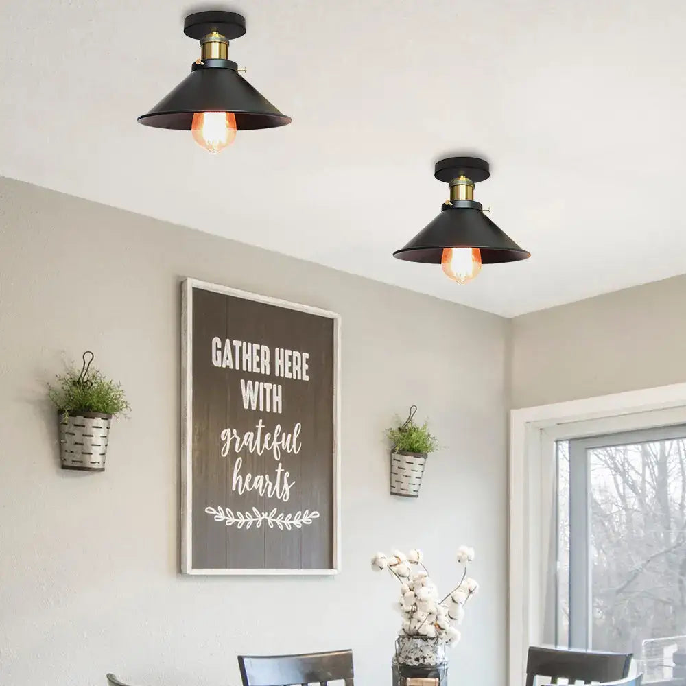 Vintage industrial flush mount light in black & bronze for kitchen