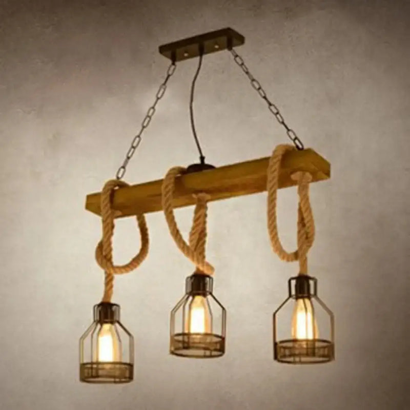 Vintage industrial wood and rope island lighting fixture kitchen