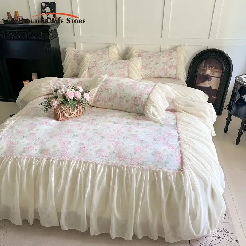 Vintage ivory & pink floral french lace ruffles bedding set bedroom
