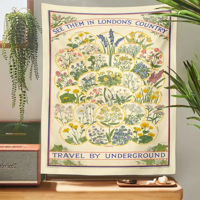 Vintage london underground botanical wildflower tapestry bedroom wall hanging