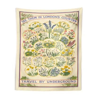 Vintage london underground botanical wildflower tapestry bedroom wall hanging