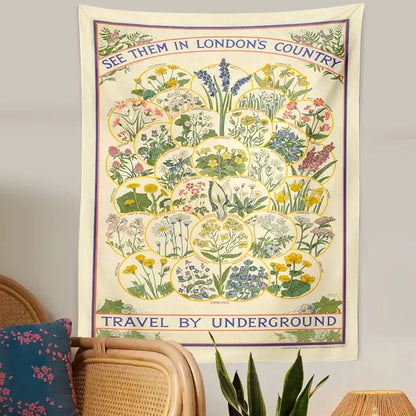 Vintage london underground botanical wildflower tapestry bedroom wall hanging