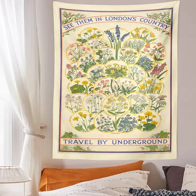 Vintage london underground botanical wildflower tapestry bedroom wall hanging