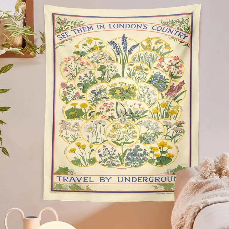 Vintage london underground botanical wildflower tapestry bedroom wall hanging