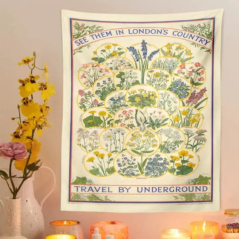 Vintage london underground botanical wildflower tapestry bedroom wall hanging