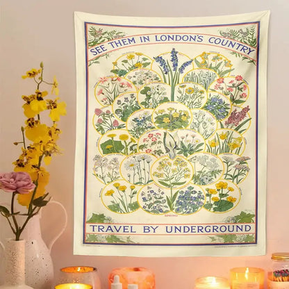 Vintage london underground botanical wildflower tapestry bedroom wall hanging