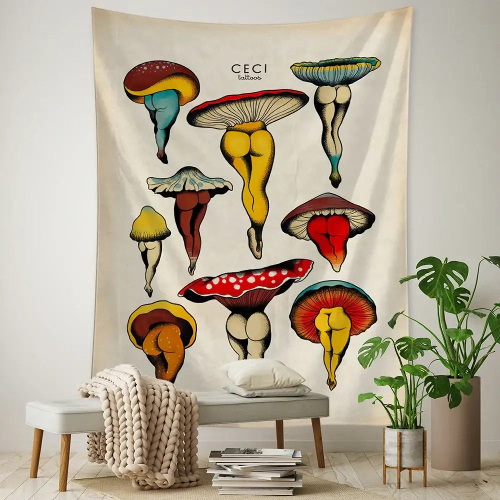 Vintage mushroom girl tapestry bedroom boho wall art decor