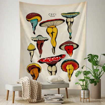 Vintage mushroom girl tapestry bedroom boho wall art decor