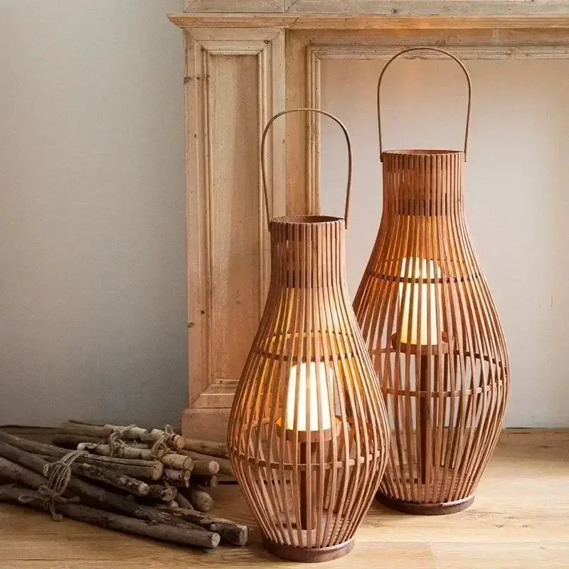 Vintage natural bamboo lantern candle holder living room floor decor