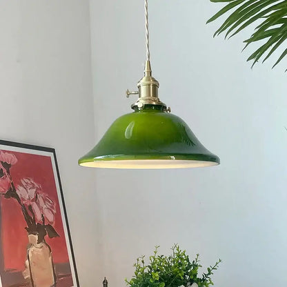Vintage olive green glass led pendant lights kitchen brass hardware