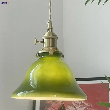 Vintage olive green glass led pendant lights kitchen brass hardware