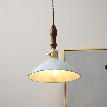Vintage pale blue enamel pendant light with ceramic knob switch living room