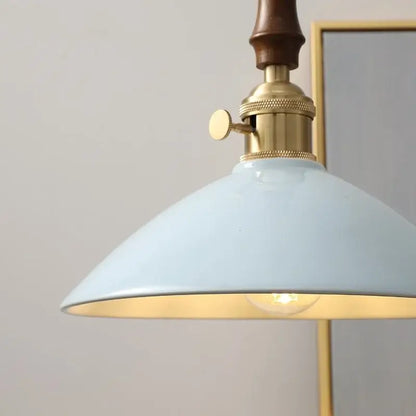Vintage pale blue enamel pendant light with ceramic knob switch living room