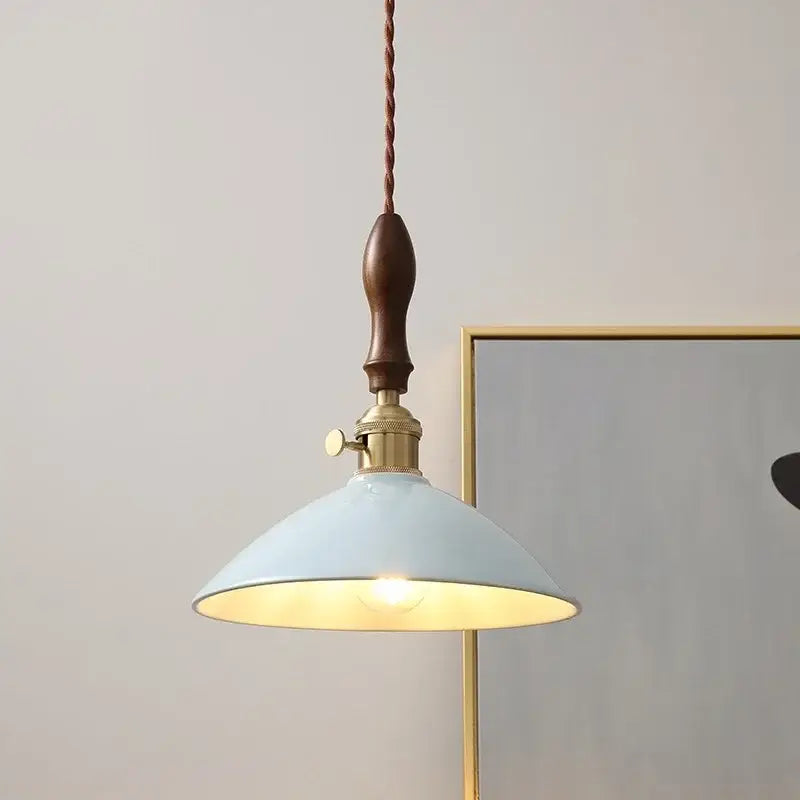 Vintage pale blue enamel pendant light with ceramic knob switch living room