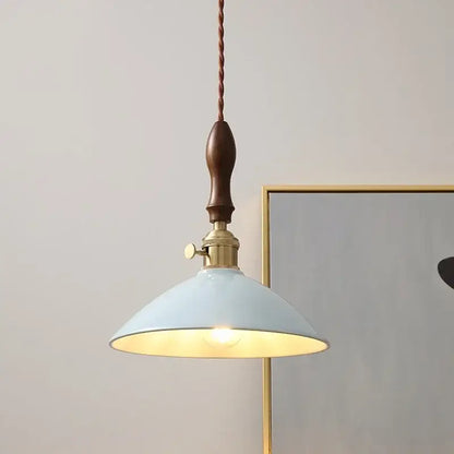 Vintage pale blue enamel pendant light with ceramic knob switch living room