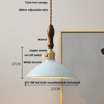 Vintage pale blue enamel pendant light with ceramic knob switch living room